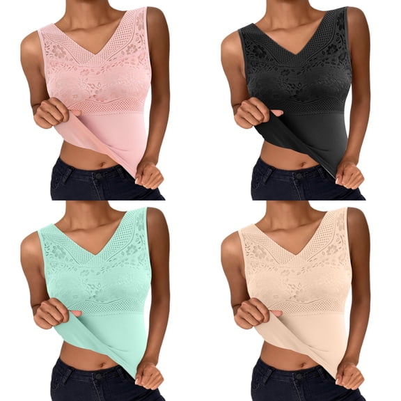 Wovix Women's Camisoles With Built in Bra Solid Color Lace V Neck Tank Tops Slim Camis Tank Tops Thermal Base Layer Sleeveless Basic For Daily Vest Underwear Tops