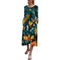 thumbnail image 1 of Moda mujer vestido estampado mariposa pez leopardo o cuello manga larga bolsillo vestido casual Abanopi Azul/Medio, 1 of 7