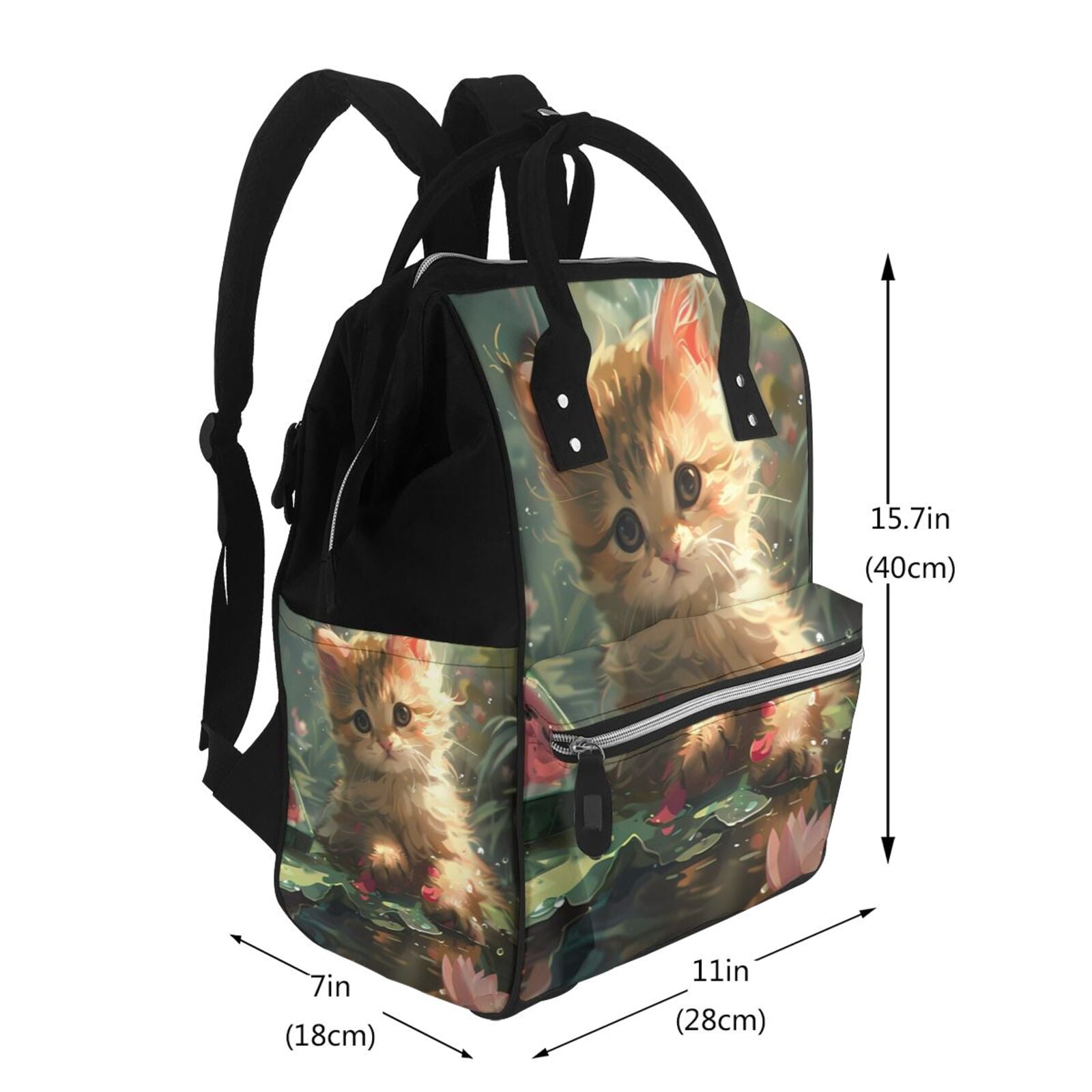 Ratiio Cute Kitten Water Lilies Mummy Backpack - Waterproof Twill Canvas, Large Capacity Diaper Bag with Multiple Pockets and Adjustable Straps