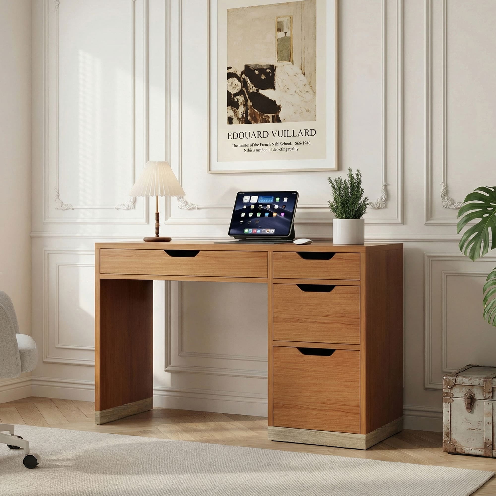 4 EVER WINNER 48" Computer Desk with Drawers, Home Office Writing Desk with Spacious Legroom, Modern Study Desk for Bedroom, Office and Small Spaces，Brown