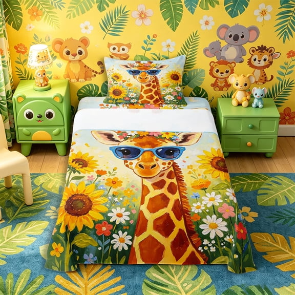 Castle Fairy Girls Cute Sunglass Giraffe Twin Sheets 3pcs,Sunflower Wild Floral Sky Bedding,Brown Yellow Blue,1 Fitted Sheet, 1 Flat Sheet and 1 Pillowcase