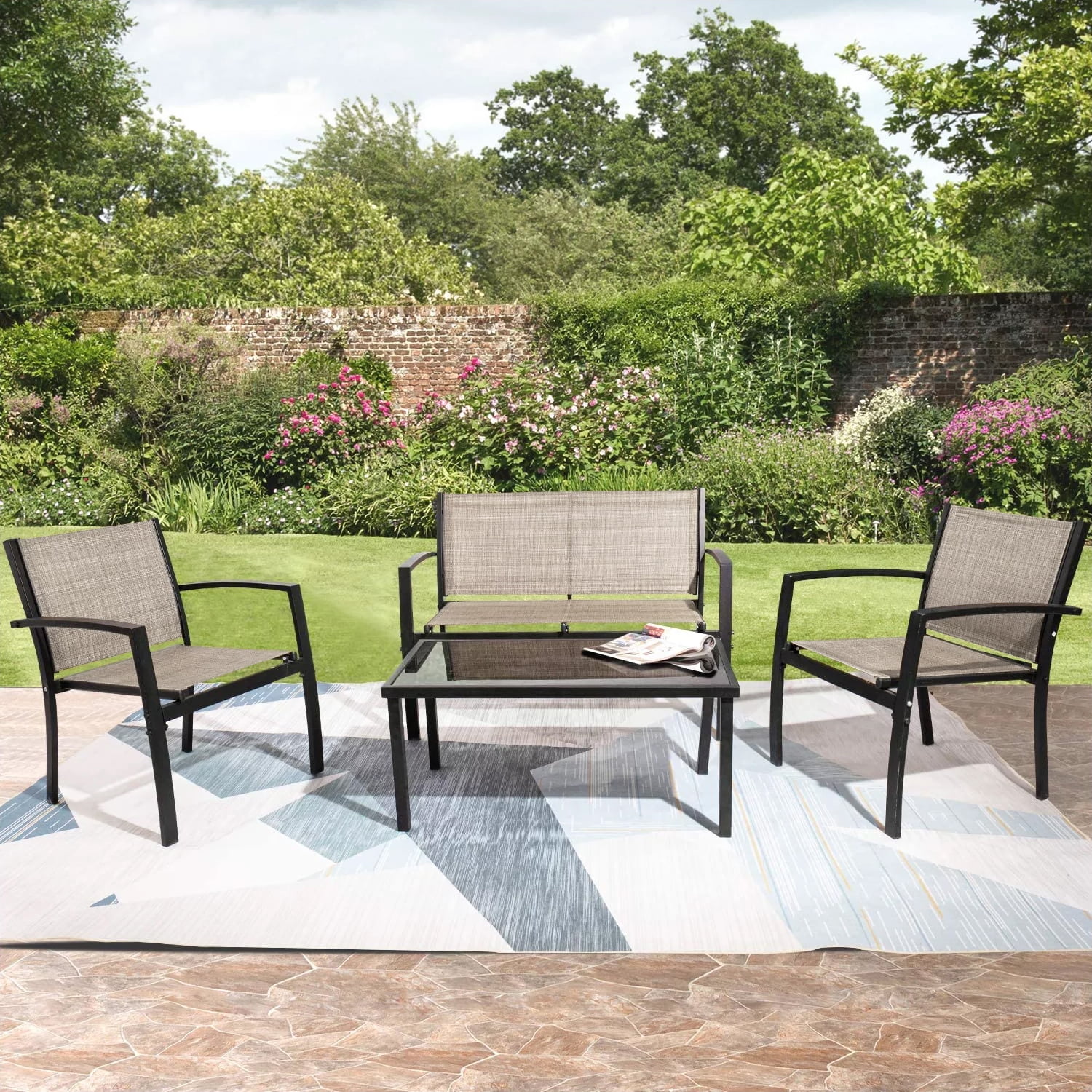 Devoko 4 Pieces Patio Furniture Outdoor furniture Modern Conversation Set Black Bistro Set, Beige, Steel