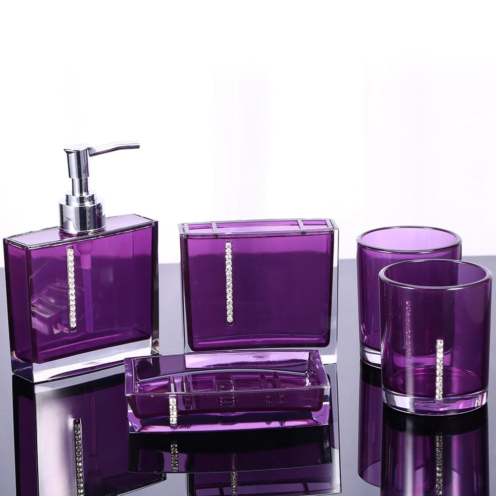 5pcs Bathroom Accessories Sets Toothbrush Dish Soap Holder Purple&White,Resin 