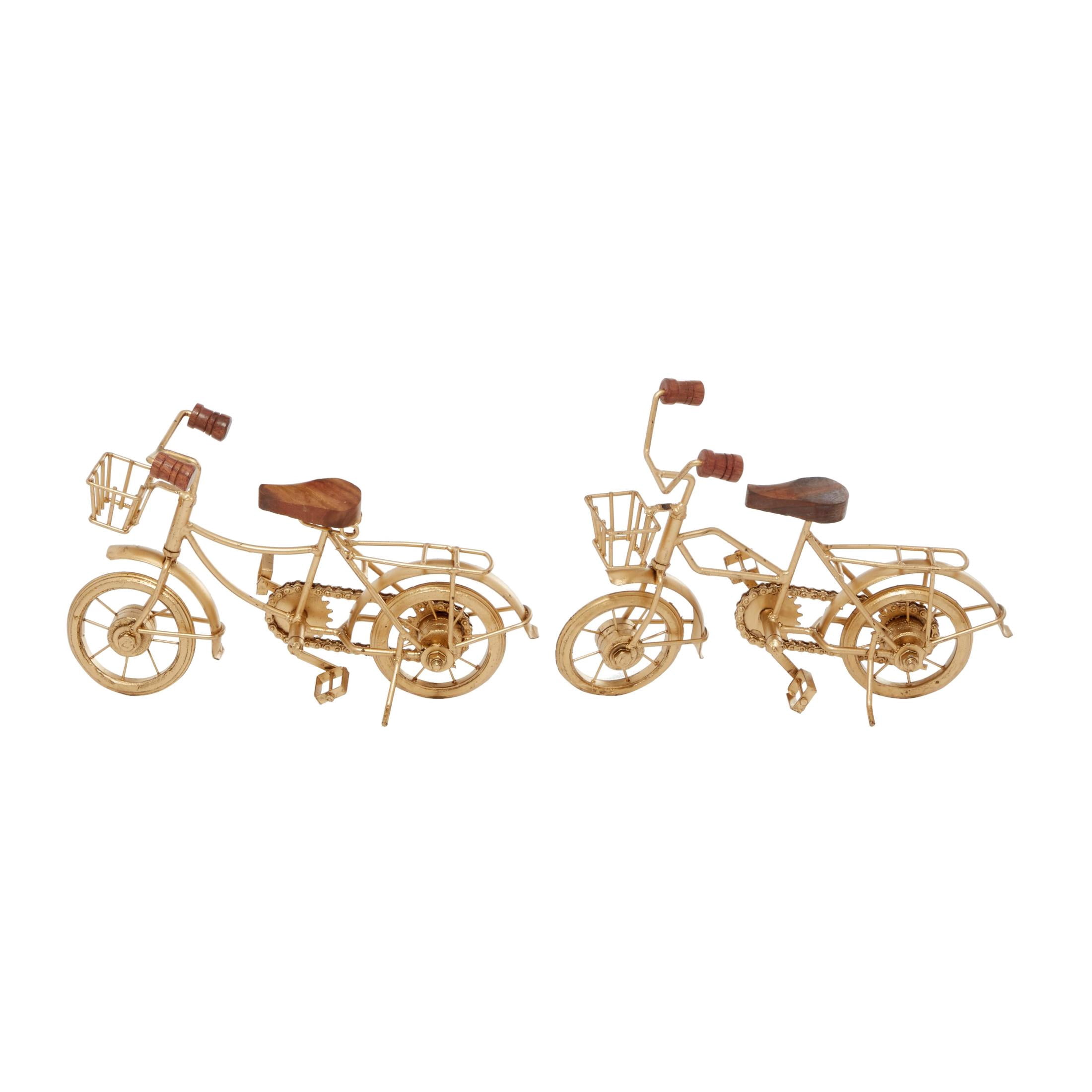 11"W, 8"H Gold Metal Bike Sculpture with Wood Accents, by DecMode (2 Count)