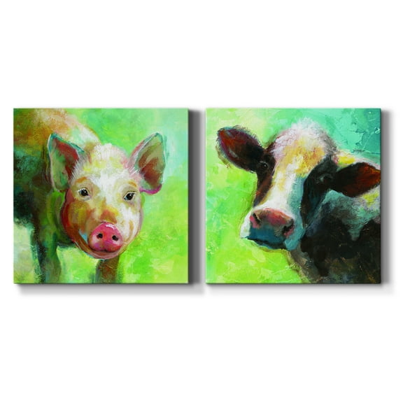 Colorful Quirky Pig - Premium Gallery Wrapped Canvas - Ready to Hang Set of 2 - 32 x 32 Each