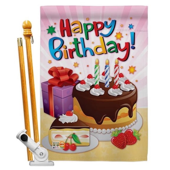 Breeze Decor BD-PC-HS-115073-IP-BO-D-IM11-BD 28 x 40 in. Happy Birthday Special Occasion Party & Celebration Impressions Decorative Vertical Double Sided House Flag Set & Pole Bracket Hardware
