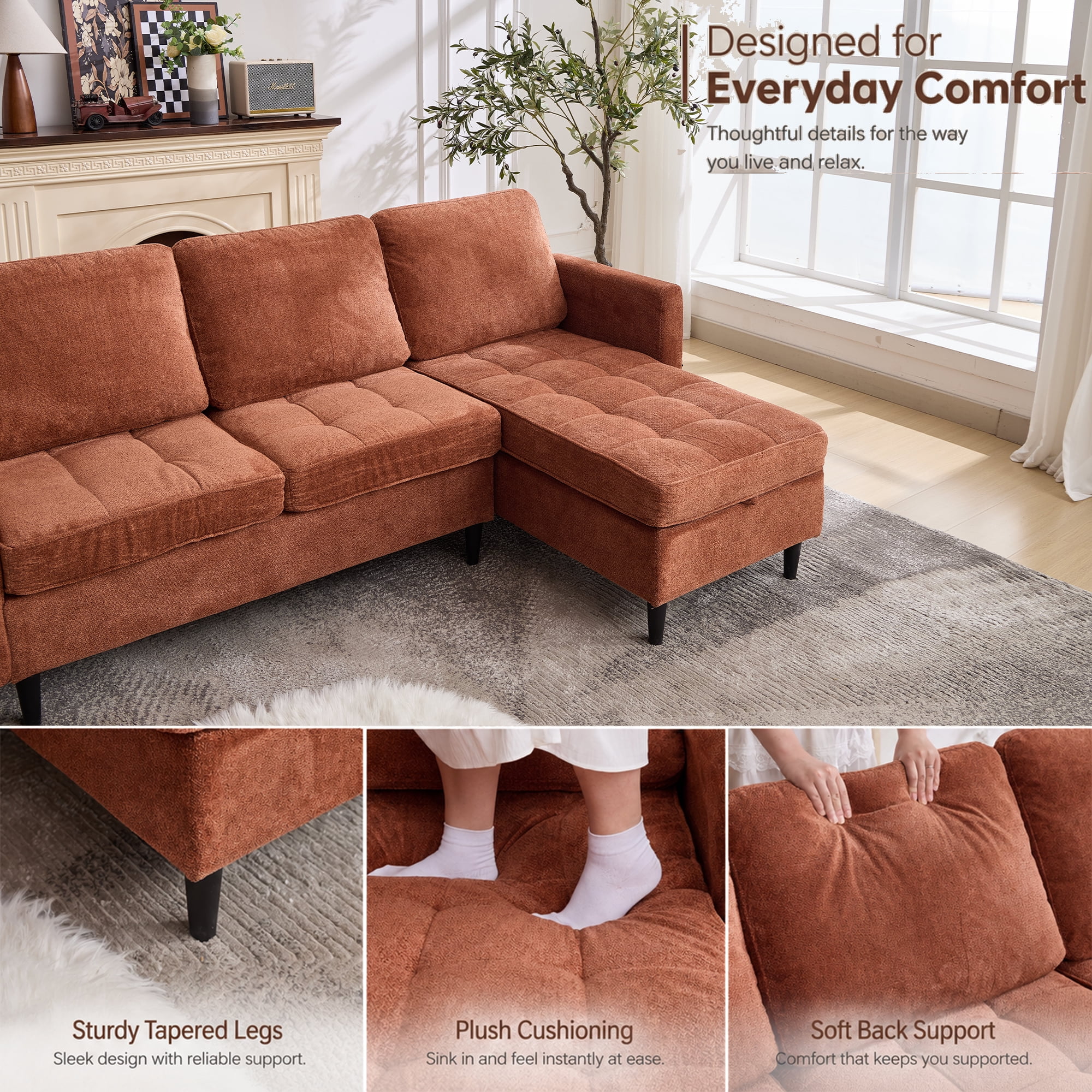 77.6" 4-in-1 L-Shaped Sectional Sleeper Sofa, Chenille Modular Couch with Storage Chaise, Usb/Type-C Ports & Side Pocket, Tangerine