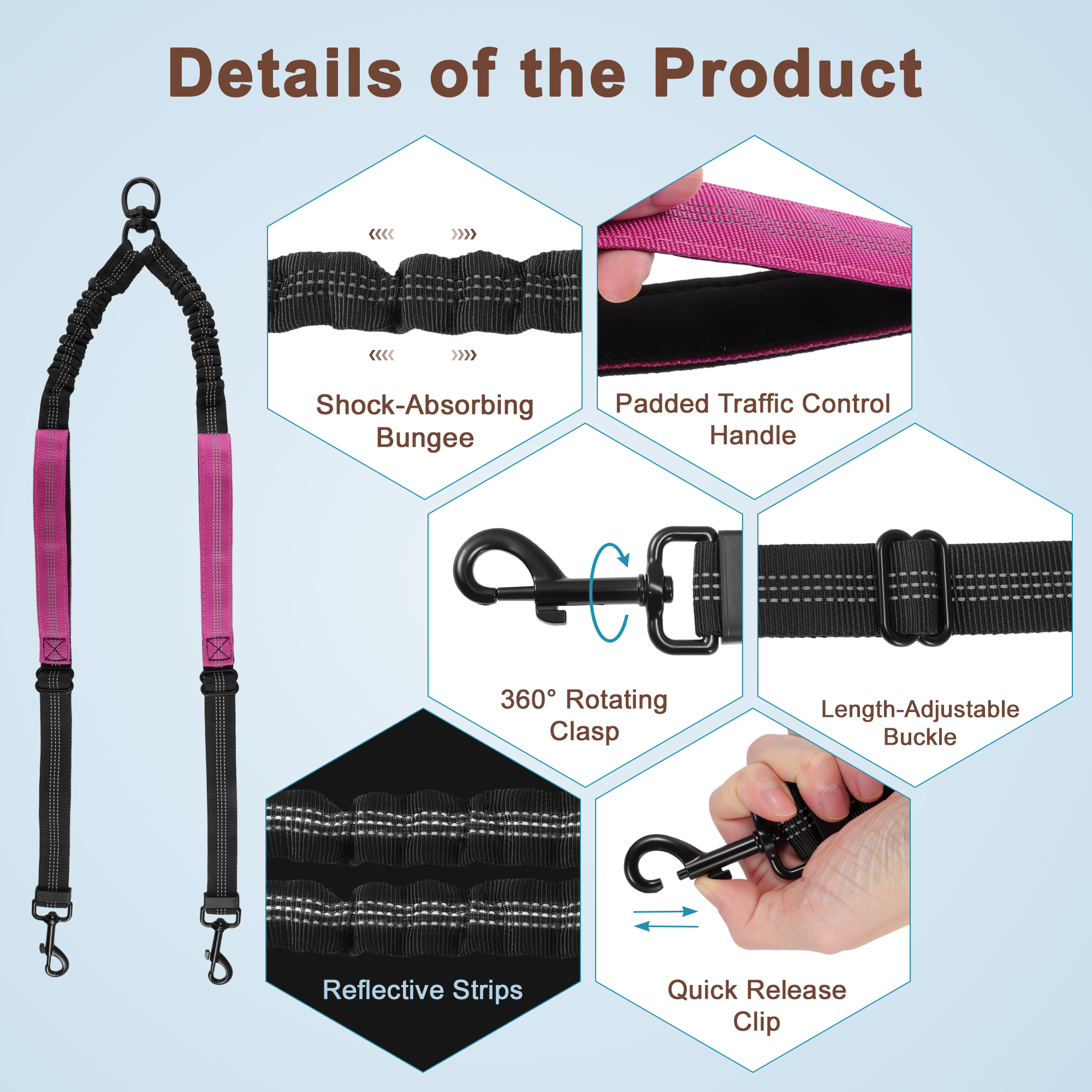 Unique Bargains Adjustable Dog Leash No Tangle Dual Leash for Two Dogs Rose Red