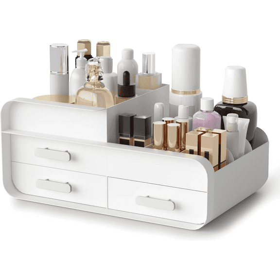 White Makeup Organizer for Vanity,Large Plastic Skincare Organizers With Drawers,Bathroom Counter Organizer Cosmetic Storage for Dresser Top Skin Care,Lotion,Beauty Products and Brush Holder