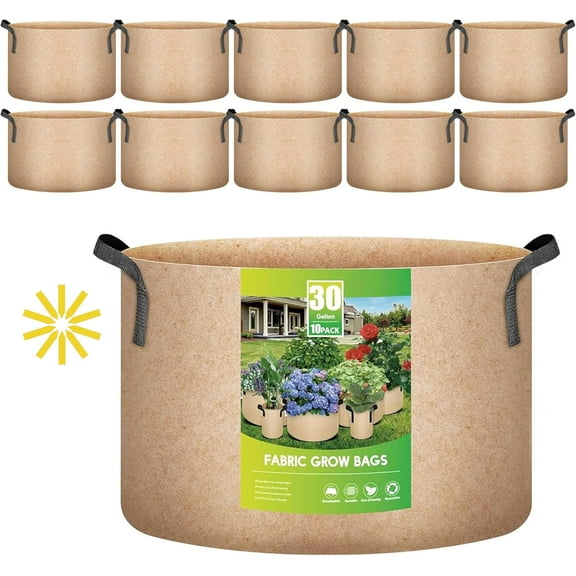 Osmanthus 30 Gallon 10-Pack Plant Grow Bags Tan Thickened Nonwoven Aeration Fabric Potato Growing Pots, Heavy Duty Durable Planting Container, Reinforced Strap Handles, for Gardening