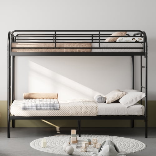 Twin Over Twin Metal Bunk Bed with Ladder and High Guardrail, Noise-Free, Underbed Storage, Black