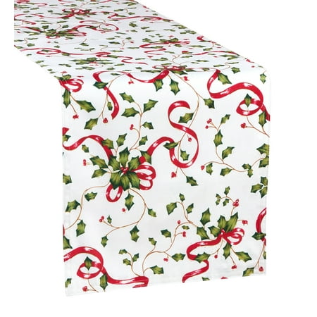 

Fennco Styles Christmas Holly Ribbon Print Table Runner 16 x 90 Inch