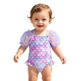 thumbnail image 4 of Baby Girl Swimsuit Square Neck Short Sleeve Mesh Ruffle Graphic Print Ruched One Piece for Vacation Girls&nbsp;Bathing Suit Purple 9 Months-12 Months, 4 of 9