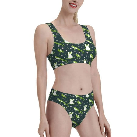 Uemuo Green Frogs Printed Women s High Waisted Bikini Sets Sporty Two Piece Swimsuits Color Block Cheeky High Cut Bathing Suits-Medium