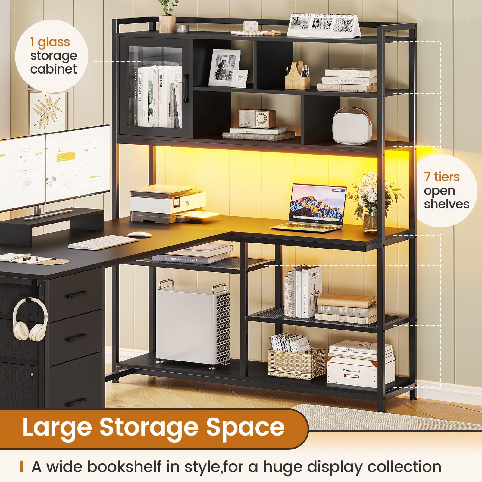 L Shaped Computer Desk with 7-Tier Storage Shelves and Drawers, Reversible Office Desk with Monitor Stand and Hooks, Black