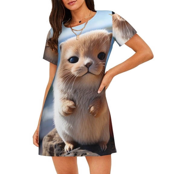 Vsdgher Cute Guinea Pig Sea Pattern Womens Short Sleeve Sleepshirt Scoopneck Cute Nightdress Ruffle Comfy Nightgown