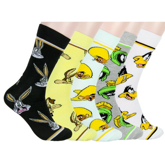 WB Looney Tunes Socks Allover Character Faces 5 Pair Adult Crew Socks