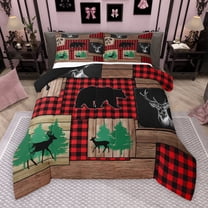 Manfei Wildlife Moose Bear Bedding Comforter Set for Men, Rustic Farmhouse Cabin Twin Comforter Sets, Buffalo Plaid Patchwork Reversible Bedding Set, Lightweight Room Decor, 2-Piece