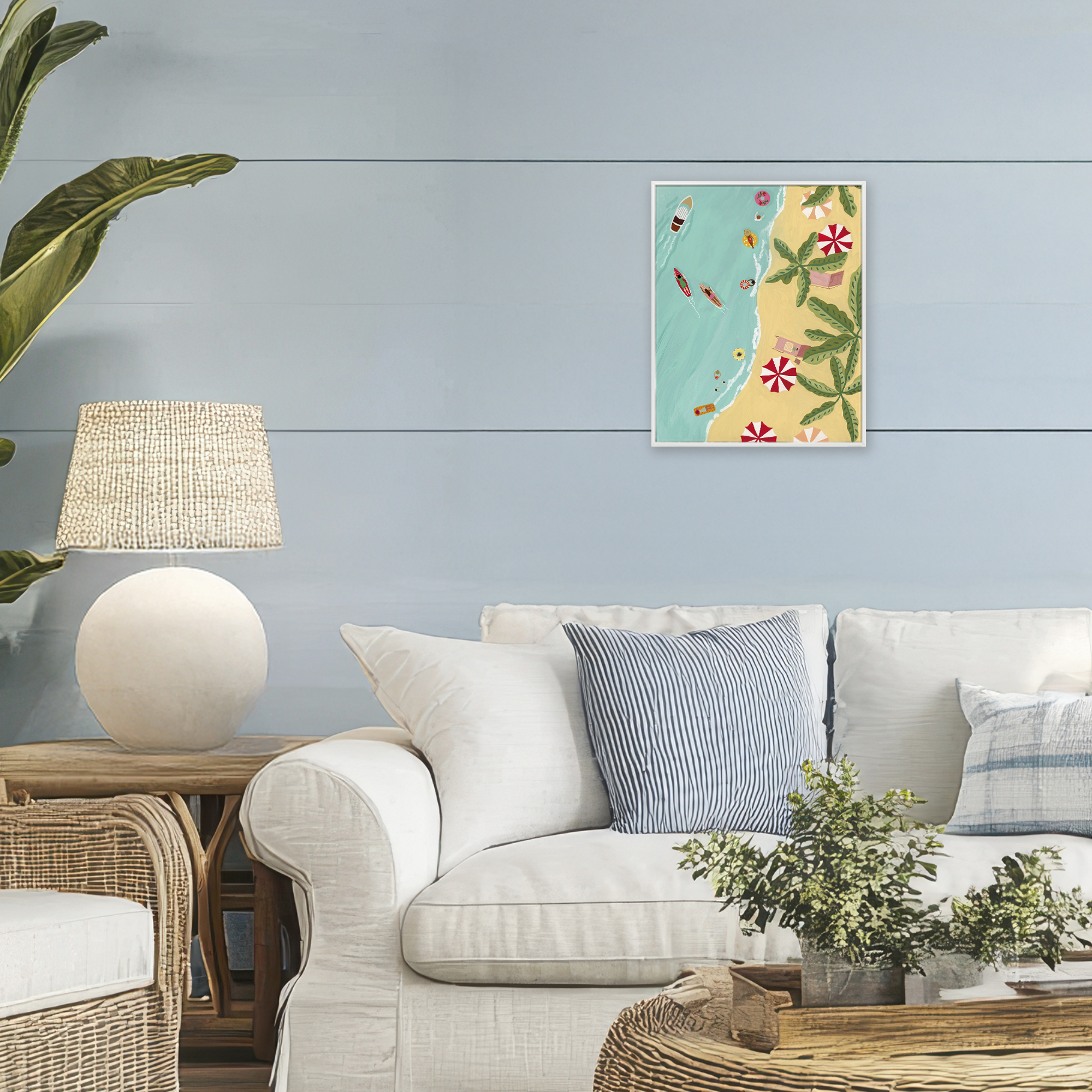 Busy Beach Day Hangout White Framed Giclee Art, design by Nabeela Rumi