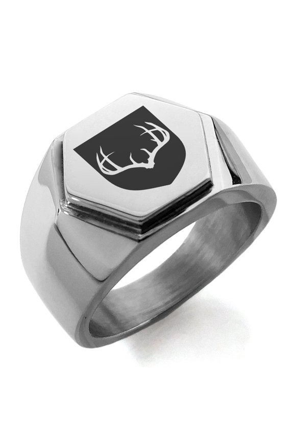 Stainless Steel Antlers Fortitude Coat of Arms Shield Engraved Hexagon Crest Flat Top Biker Style Polished Ring