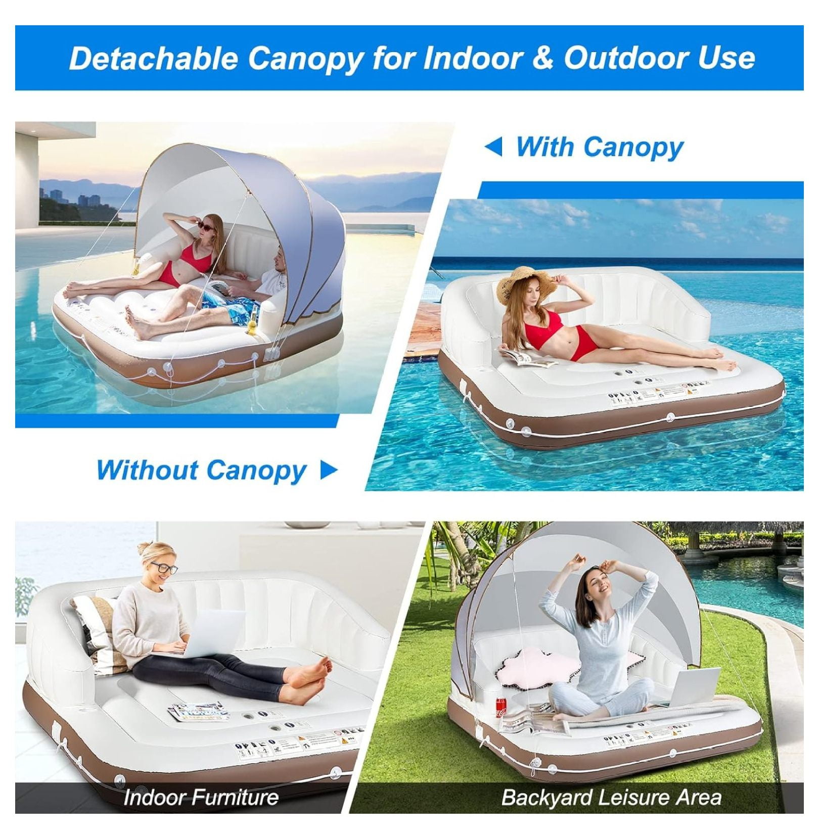 2-3 Person Inflatable Pool Float, 71”x71” Giant Inflatable Island Bed with UPF50 Retractable Canopy & Built-in Cup Holder, Load 440LBS, Blow-up Floating Lounge Island for Pool Lake Beach