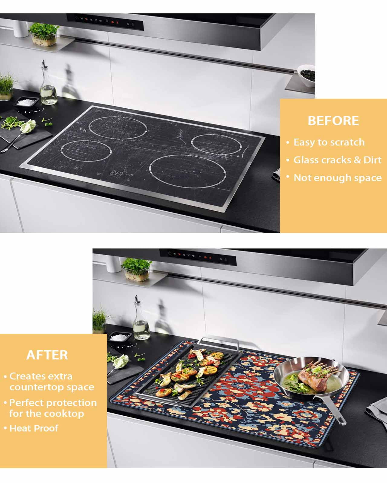 nqOlkjepod Large Induction Cooktop Protector Mat 36"x21", Red Blue Geometric Stove Top Covers for Electric Stove, Ethnic Vintage Southwest Floral Stove Burner Cover Mats, Glass Top Stove Cover