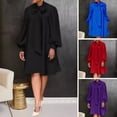 thumbnail image 2 of Women Loose Dress Lace-up Bow Neck Long Lantern Sleeves Solid Color Knee Length Formal OL Commute Midi Dress, 2 of 8