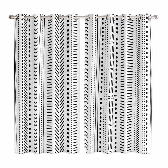 White Boho Kitchen Curtains 84 Inch Length, Country Abstract Black Geometric Striped Grommet Top Bedroom Living Room Curtains, Light Filtering Cafe Curtain Drapes 2 Panels Set 104''x84''