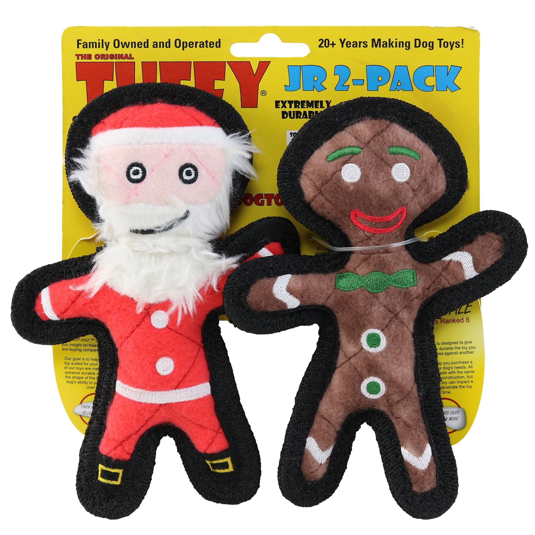 TUFFY Jr Holiday Gingerbread Man and Santa Durable Plush Squeaky Dog Toy, 2-Pack