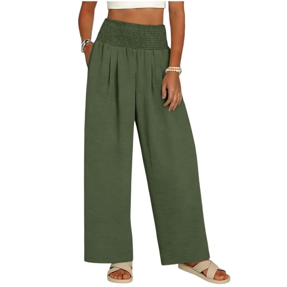 Womens Elastic High Waisted Palazzo Pants Loose Smocked Work Slack Casual Summer Flowy Beach Long Lounge Pant