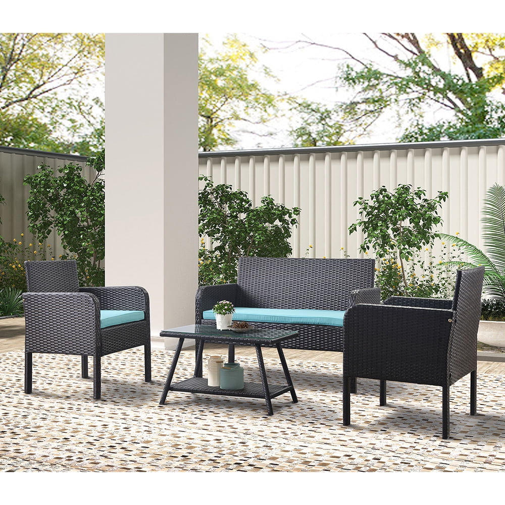 Kepooman 4 Piece Patio Ratten Dining Set, Outdoor Conversation Sofa Seating Set with Cushions - Blue Kepooman 4 Piece Patio Ratten Dining Set, Outdoor Conversation Sofa Seating Set with Cushions - Blue