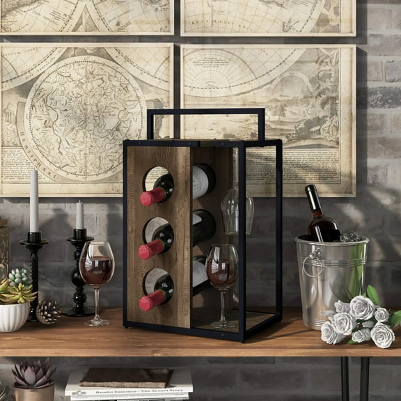 Furniture of America Mayfield 11.41"Width Wood 3-Bottle Wine Rack with Handle, Reclaimed Oak