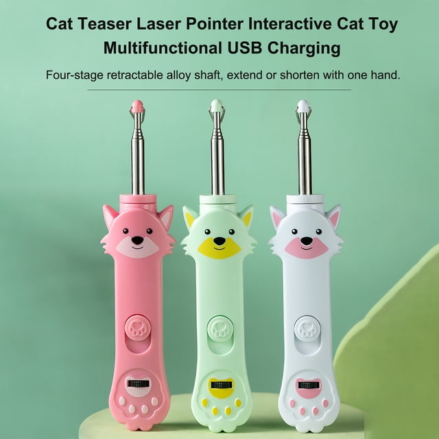 Cat Teaser Pointer Interactive Cat Toy for Cats to Feather USB Rechargeable Multifunctional Grooming Brush Retractable Teasing Stick Rechargeable Red Light Pointer Exercises Training To