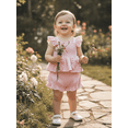thumbnail image 4 of BemeyourBBs Toddler Baby Girl Summer Clothes Infant Baby Girl Smocked Cotton Linen Outfit Bow Flying Sleeve Ruffle Shirt Tops and Shorts Set 2 Piece Summer Outfit, 4 of 9