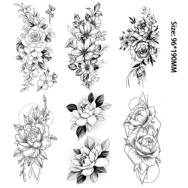 6 Piezas / Lote 3D Realista Flor Grande Tatuajes Temporales para Mujeres Arte Corporal Brazo Geométrico Tatuaje Pegatinas Adultos Falso Impermeable Tatoo Piernas Boceto Sexy Chica Melocotón Lirio Jormftte CPB-US-HPP125-1