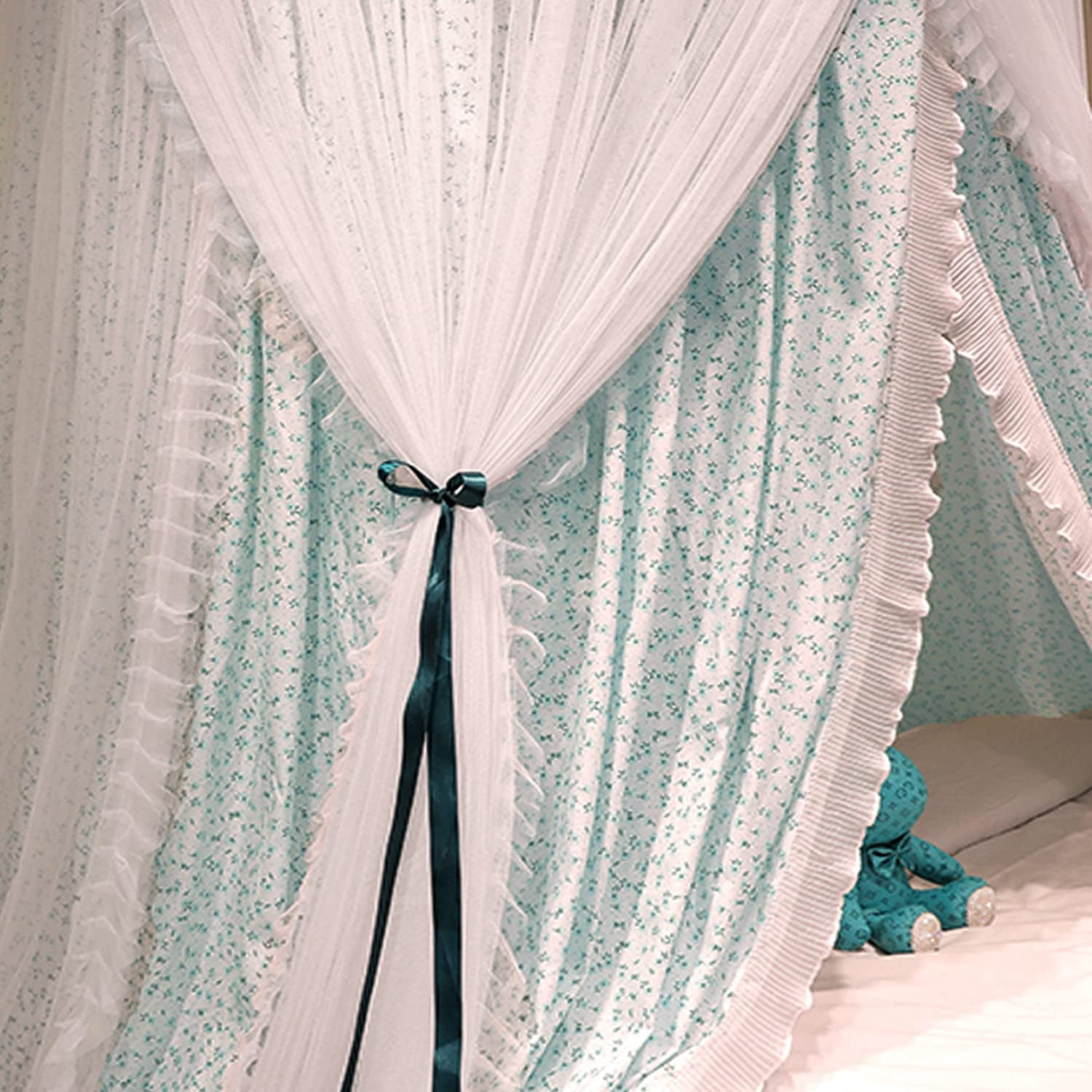 Luxurious Bed Canopy for Girls & Adults, Large Elegant Double Layer Bed Curtain Canopy Drapes, Round Dome Lace Princess Canopies Netting (Fresh)