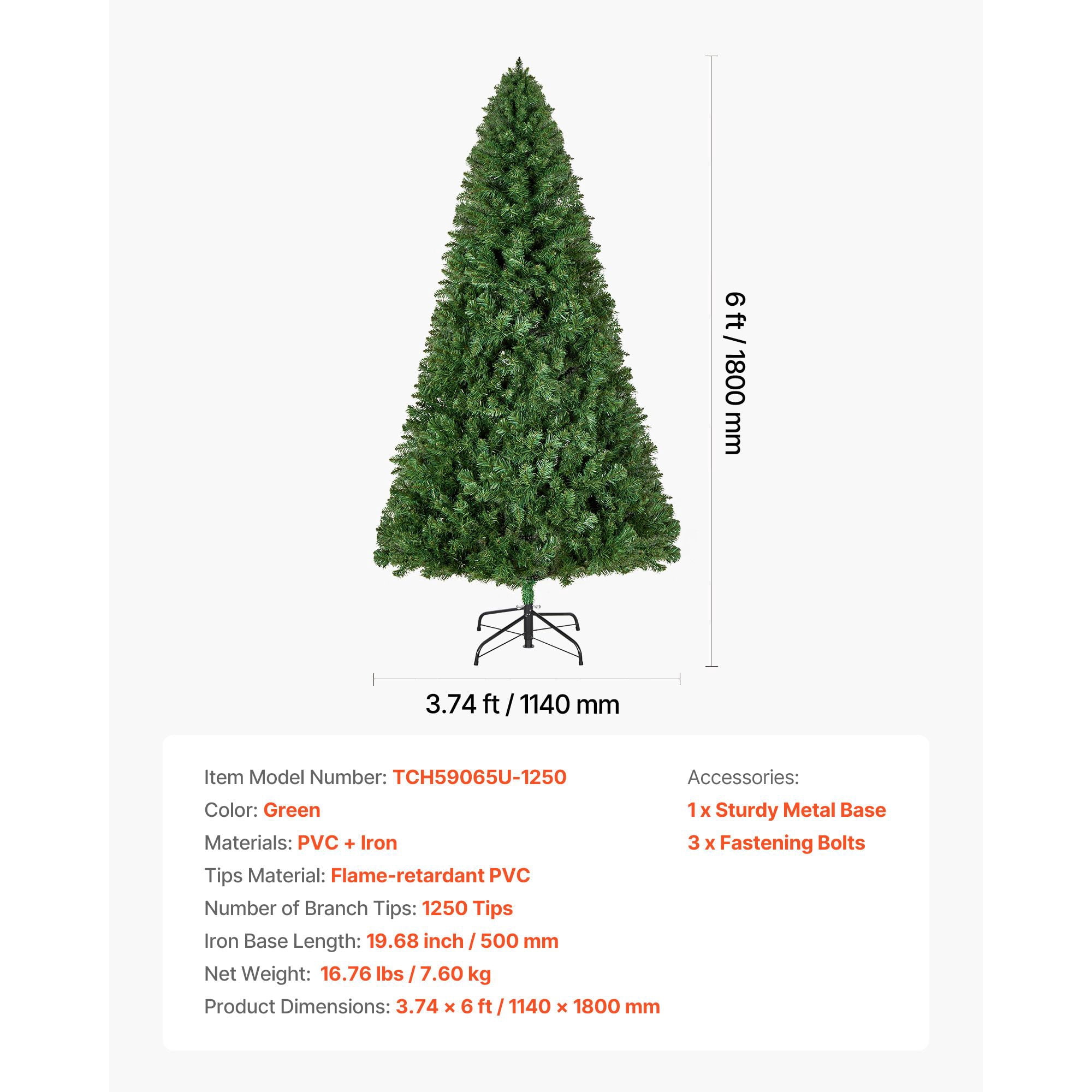 Christmas Tree, 6ft Artificial Xmas Tree, Full Holiday Decor Trees with 1250 Branch Tips & Sturdy Metal Base for Home Party Office Decoration