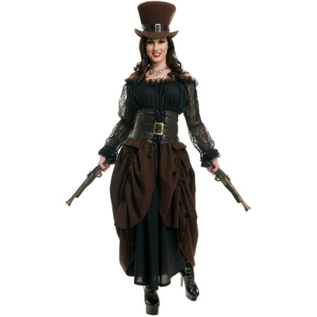 Victorian Steampunk Black Brown Full Length Dress With Top Hat