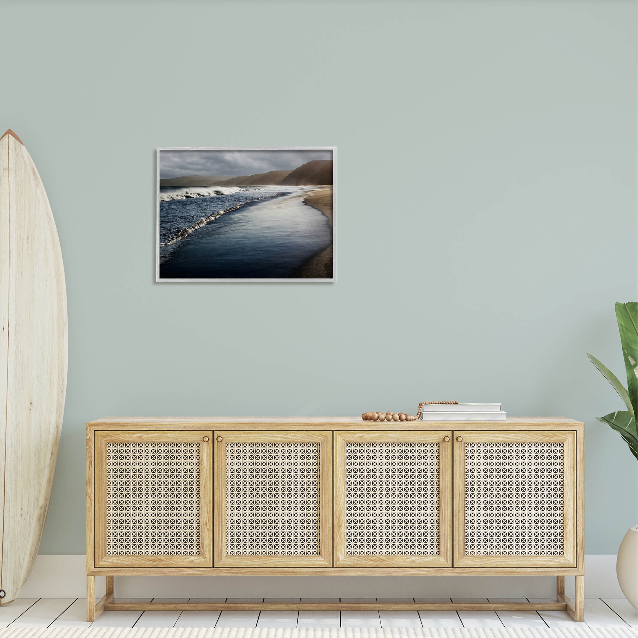Beach Foam Rolling Waves Coastal Photograph Gray Framed Art Print Wall Art
