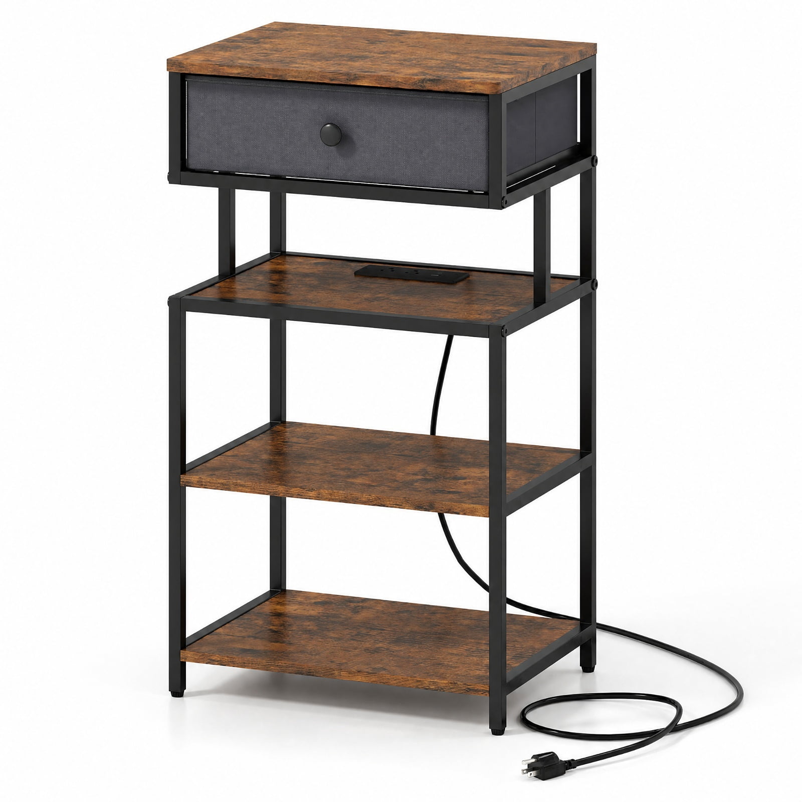 Furnibear Nightstand with Charging Station 28 Inch Tall Bedside Table with Fabric Drawer for Bedroom Living Room Bedside Sofa Side, Rustic Brown