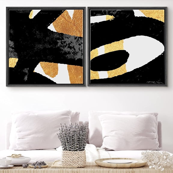 PixonSign Framed Wall Art Print Set Eye-Inspired Gold & Black Lines Abstract Shapes Digital Art Modern Art Chic Colorful Multicolor Ultra for Living Room, Bedroom, Office - 24"x24"x2 Black