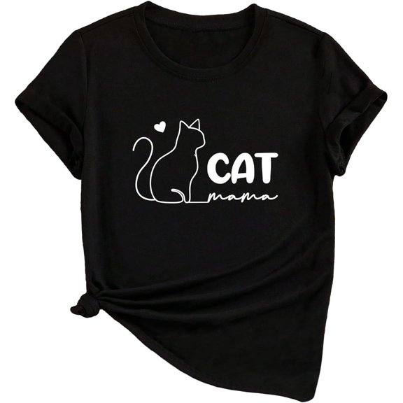 SHENHE Women's Graphic Crew Neck Tee Shirt Summer Short Sleeve Cute Cat Print Top