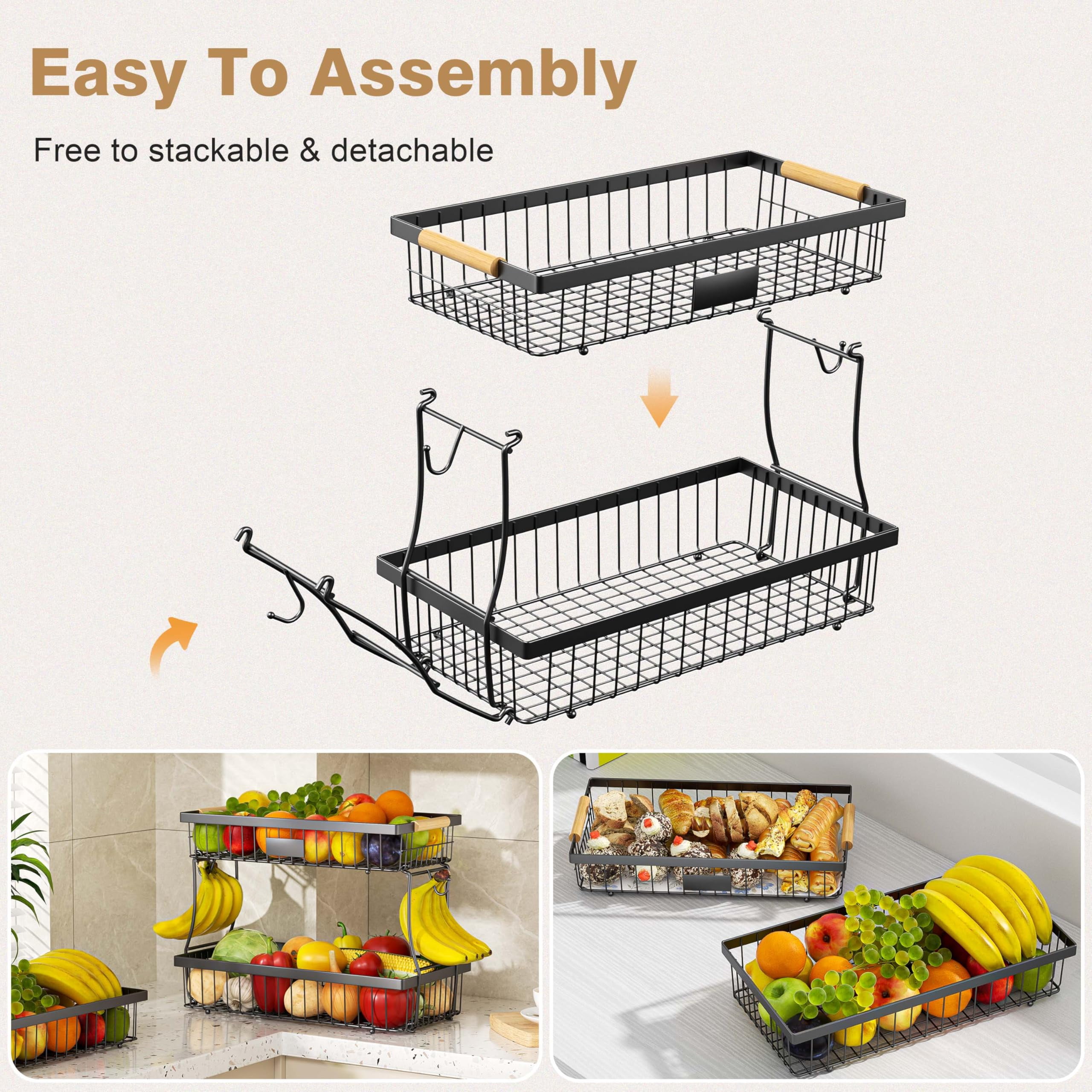 USIONE 2-Tier Detachable Metal Fruit Basket - Wooden Handle & 2 Banana Hangers, Extra Large for Kitchen Counter - Black