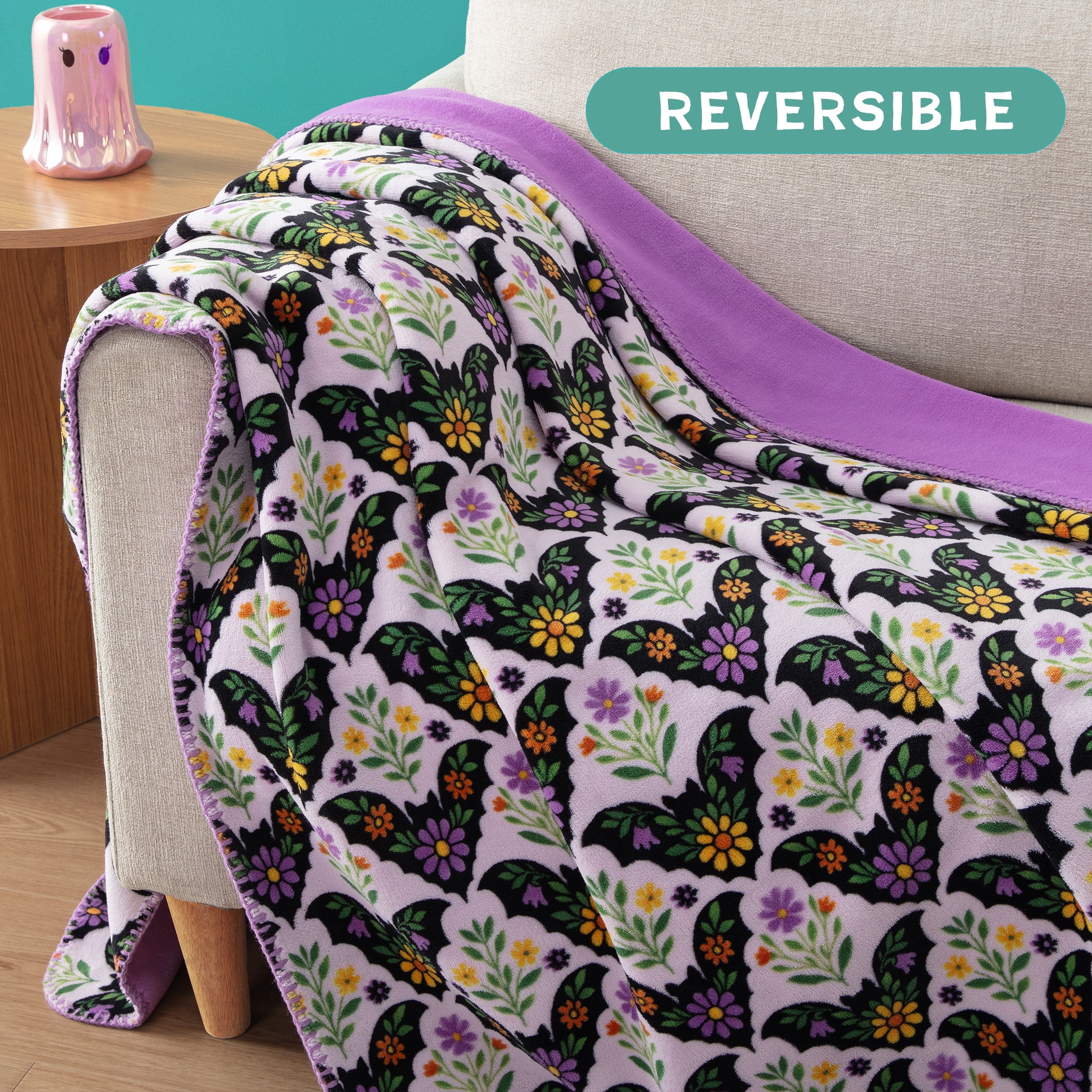 Boo-tique Soft Throw Blanket, Fleece Blanket, Halloween Floral Bats, Purple, 50" x 72"