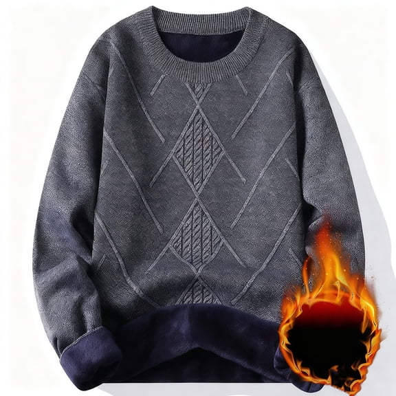 BaoFuBaoMei Fleece Lined Sweaters for Men Big and Tall Crew Neck Thickened Long Sleeve Sweater Solid Warm Fall Winter Tops