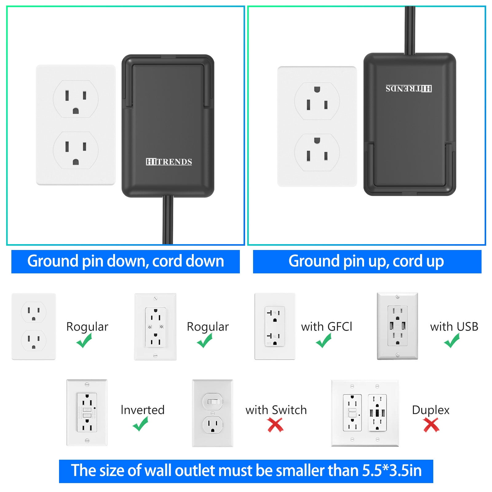 6FT Ultra Flat Plug Dual Extension Cord with 6 Outlets, Ultra-Thin Outlet Cover Power Bar, Outlet Concealer Universal Size Flat Plug Power Strip, Child & Pet Safe, 1625W, Black