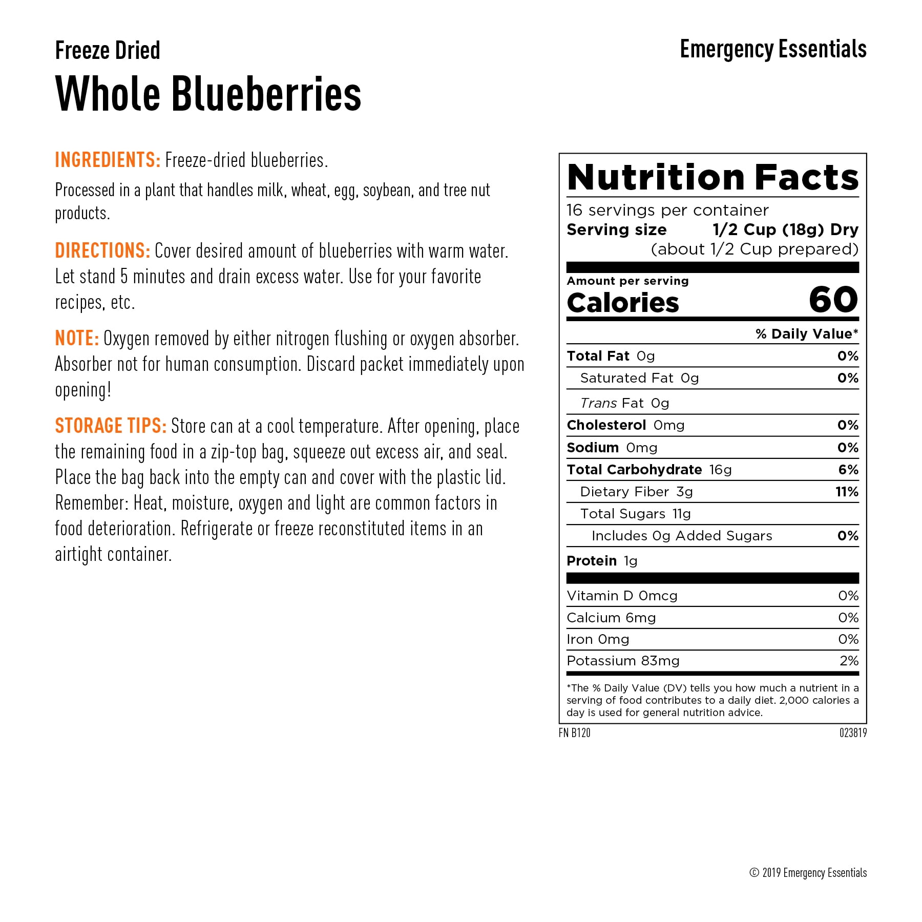 Emergency Essentials Freeze-Dried Whole Blueberries, 10 oz