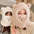 thumbnail image 6 of Brown 1Pc Cute Cartoon Bear Ear Cap Hat Lamb Plush Cap Warm Thickened Ear Protection With Warm Mask For Women Girl，Plush，Autumn, Winter，29*30Cm, 6 of 7