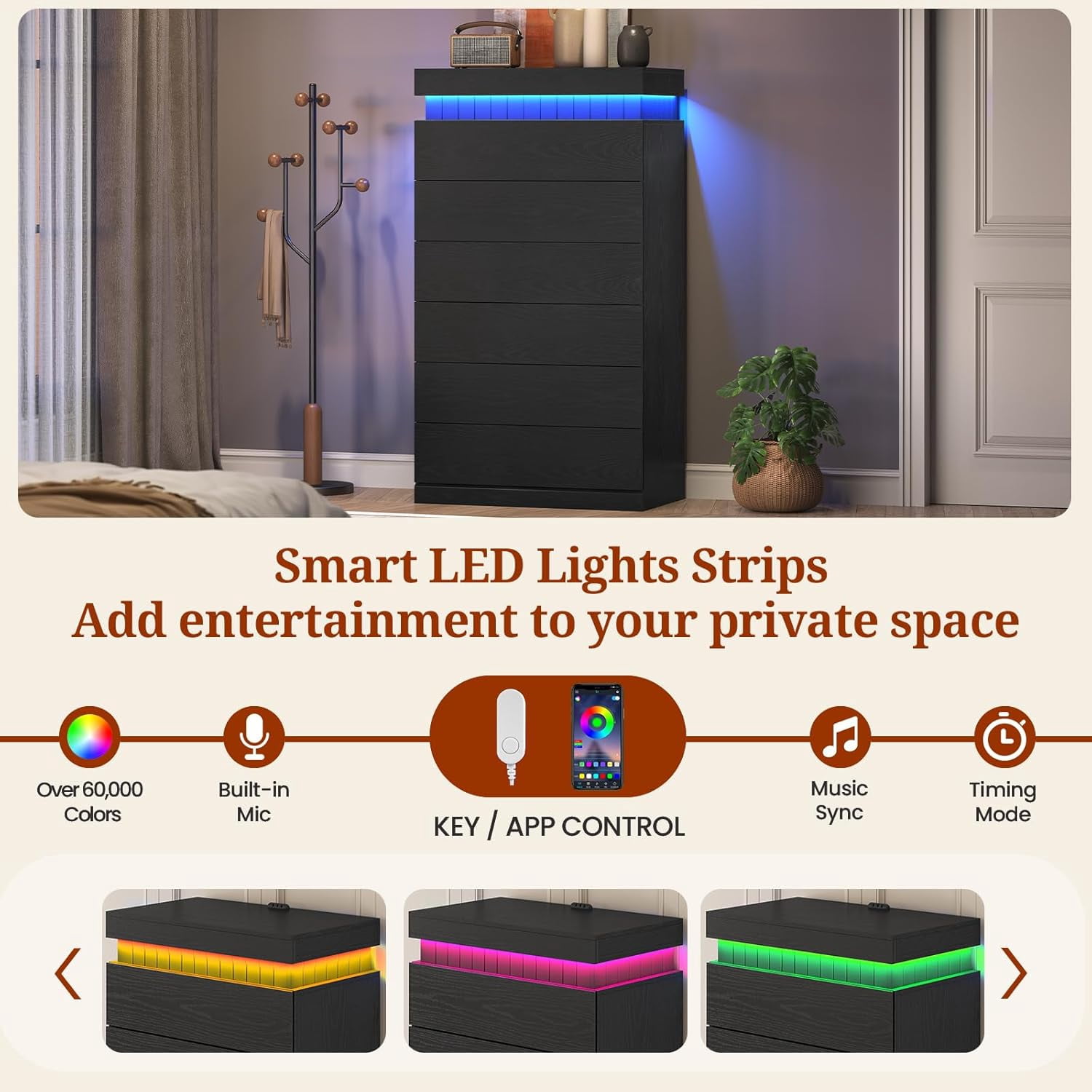 Modern Black 6 Drawer Dresser with Power Outlet & LED Lights, Wood Chest of Drawer Cabinet with Sliding Top, Floating Dressers for Bedroom, Living Room, Entryway, Weiplehoom