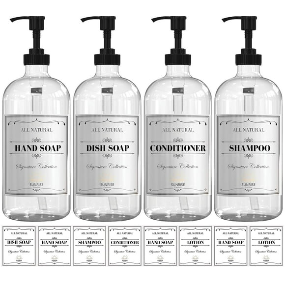 Sunrise Premium 16 OZ Clear Glass Soap Dispenser with Plastic Pump, Hand and Dish Soap Dispenser Set for Bathroom with 4 Waterproof Labels, Pack 4